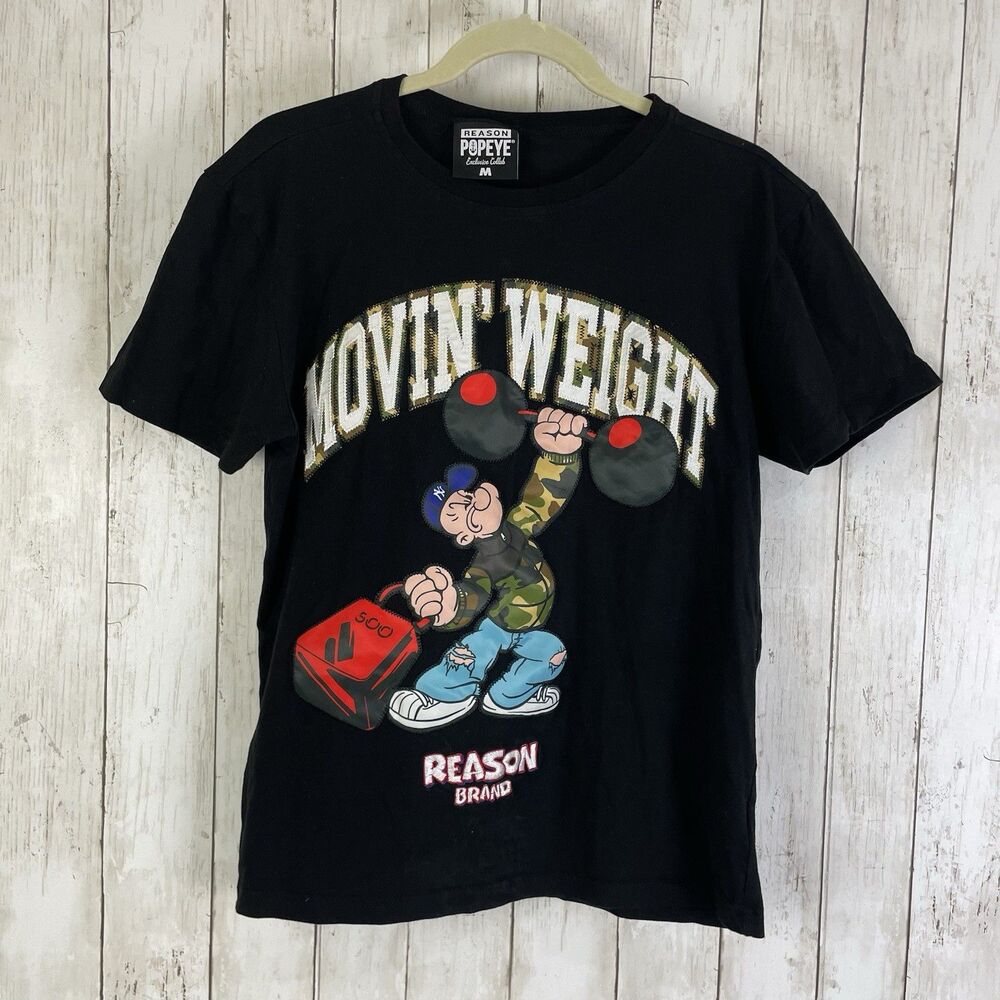 Popeye Reason Brand Men's T-Shirt Sz M Movin Weight Embroidered